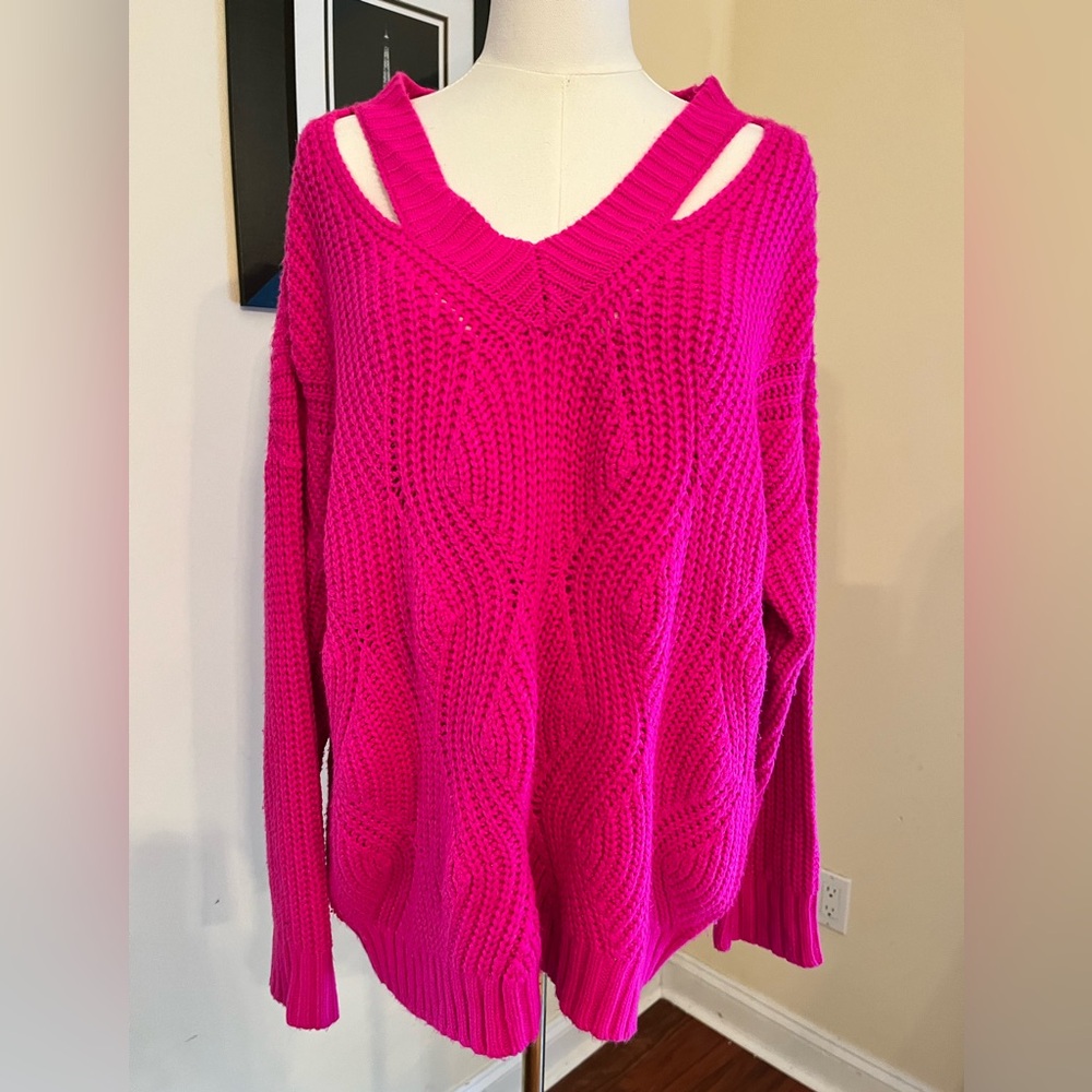 Skies Are Blue Fuchsia Cutout V-Neck Cable Knit Sweater